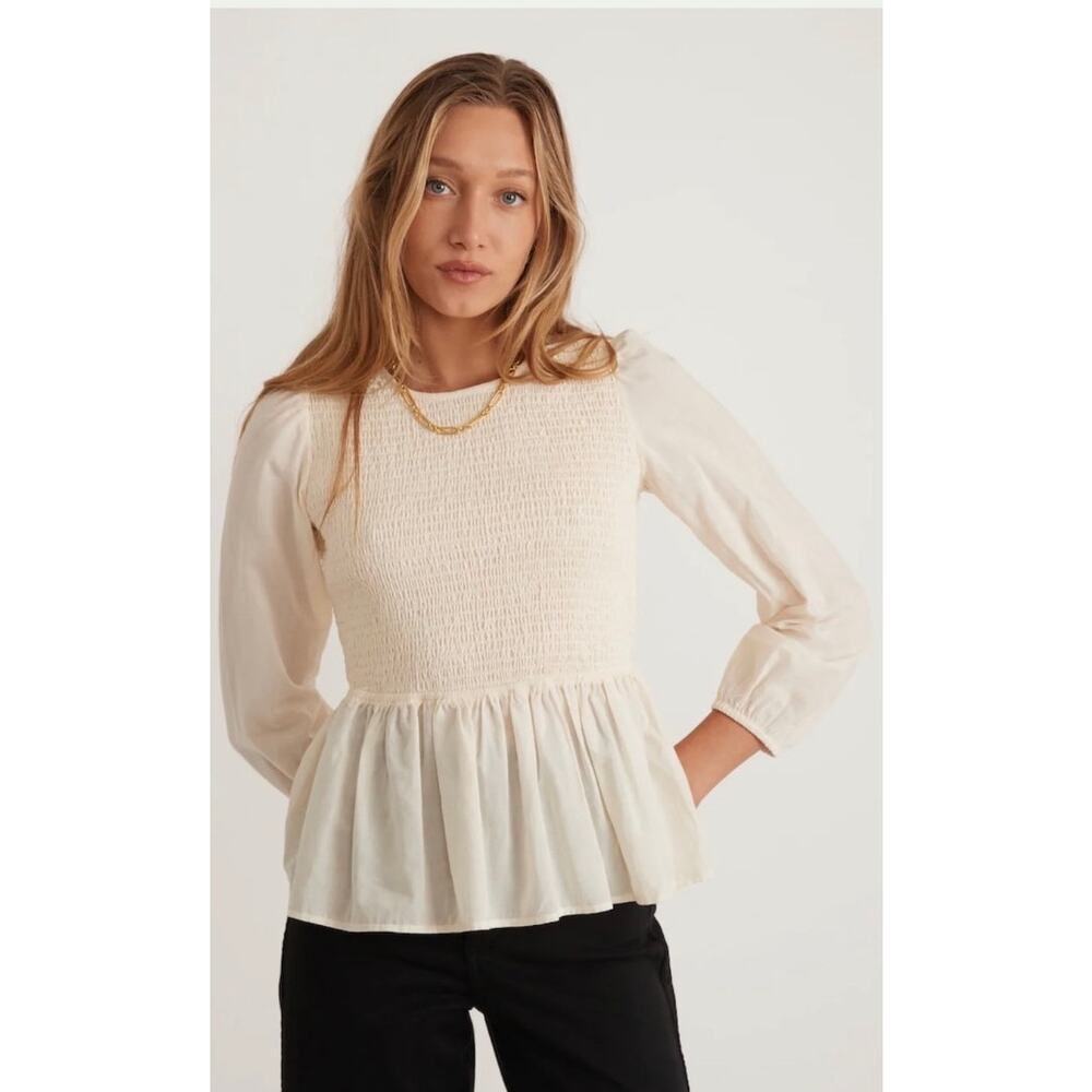 Marine Layer Gabrielle top Smocked long sleeve peplum blouse women's large